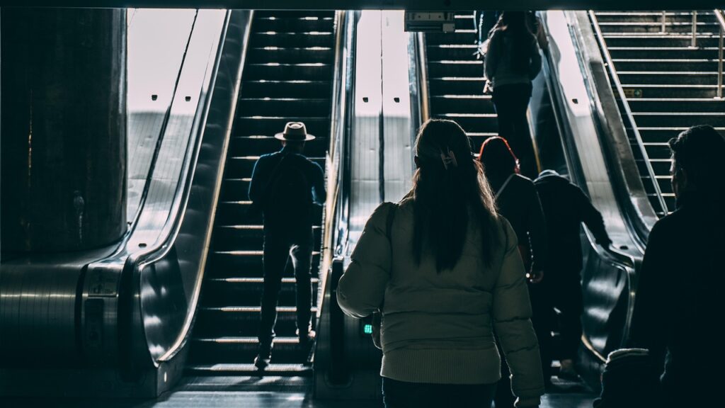 escalator, people, walking, escalator, escalator, escalator, escalator, escalator, walking, walking